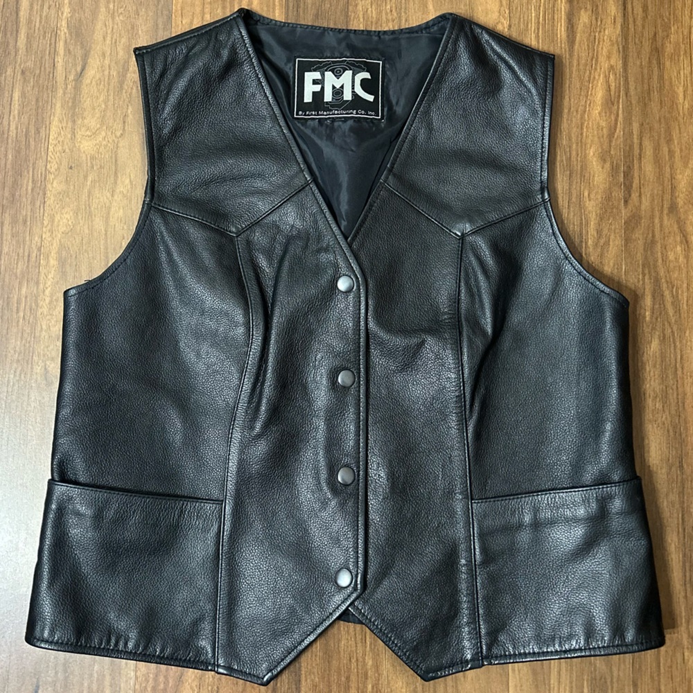 Vintage FMC Black Moto Snap Up Leather Women's Vest Size M